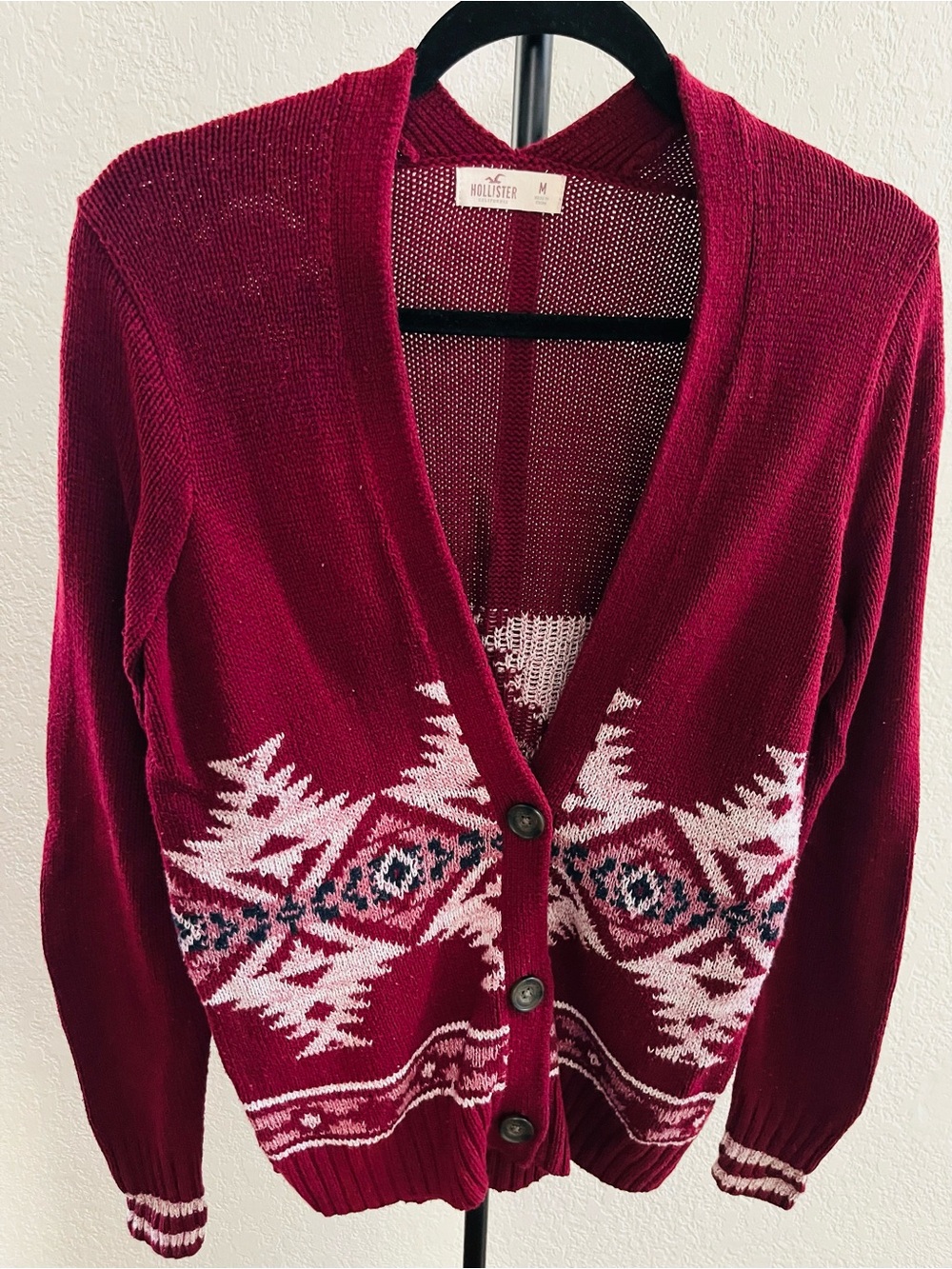 Hollister Women's Deep Red Geometric Button-Up Cardigan